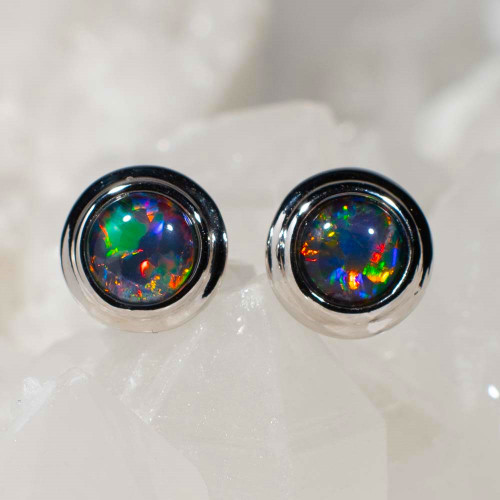 Black opal studs fire opal earrings silver opal studs dark gemstone  rare black opal gift for women 14k gold studs genuine black opal