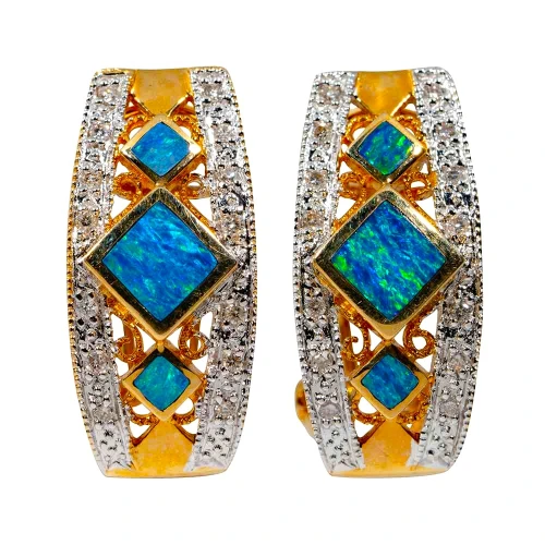 * A MOONLIT GEM 14KT GOLD & DIAMOND AUSTRALIAN OPAL EARRINGS