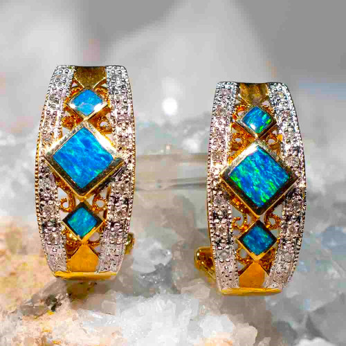 * A MOONLIT GEM 14KT GOLD & DIAMOND AUSTRALIAN OPAL EARRINGS