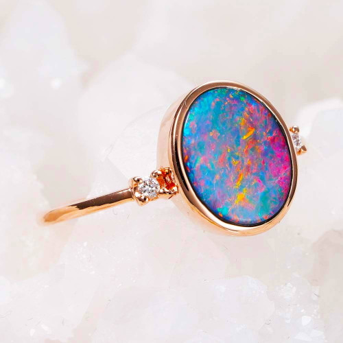 * A SPARKLING OASIS 14KT ROSE GOLD & DIAMOND AUSTRALIAN OPAL RING