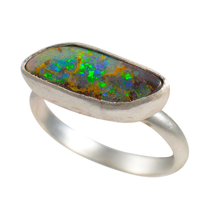 * 1 COLORS IN THE STONE STERLING SILVER AUSTRALIAN BOULDER OPAL RING