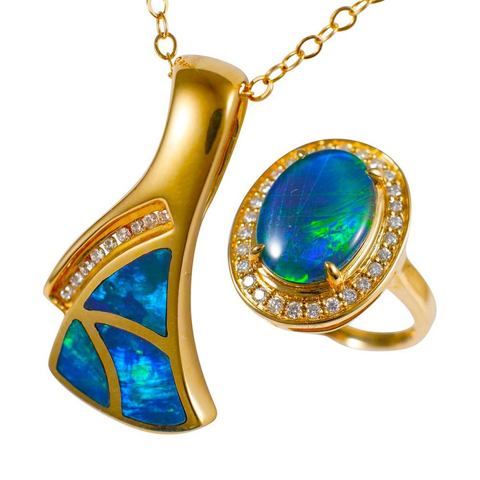* 1 DEL REY 14KT GOLD & DIAMOND AUSTRALIAN OPAL JEWELRY SET