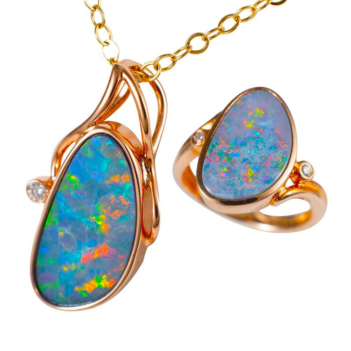 BRE 14KT ROSE GOLD & DIAMOND AUSTRALIAN OPAL JEWELRY SET