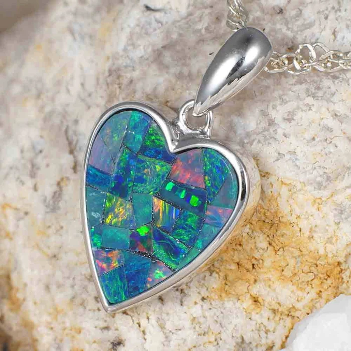 1 LOVE  STERLING SILVER AUSTRALIAN OPAL HEART NECKLACE