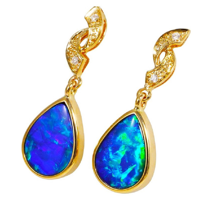 *1 ABUNDANT BLAST 14KT YELLOW GOLD & DIAMOND AUSTRALIAN OPAL DROP EARRINGS