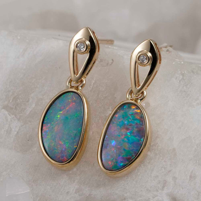 * 1 CHROMACREST 14KT YELLOW GOLD & DIAMOND AUSTRALIAN OPAL DROP EARRINGS