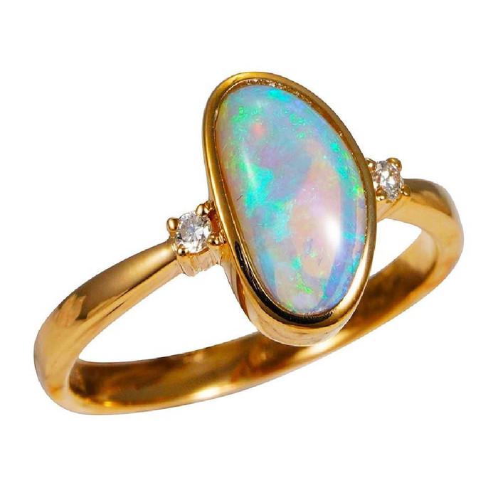 RAINBOW SERUM 14KT YELLOW GOLD & DIAMOND AUSTRALIAN WHITE OPAL RING
