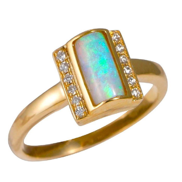 * 1 EARTHS JELLY 14KT YELLOW GOLD & DIAMOND AUSTRALIAN WHITE OPAL RING