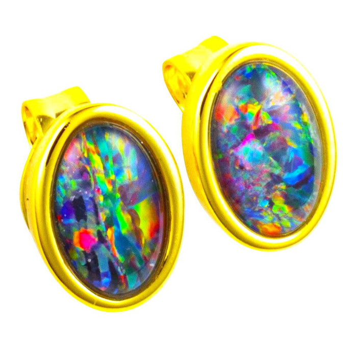 SPARKLE PRESS 18KT YELLOW GOLD PLATED AUSTRALIAN OPAL STUD EARRINGS