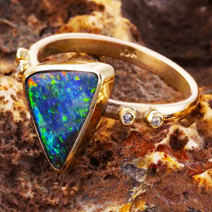 * A FINER THING 14KT GOLD & DIAMOND AUSTRALIAN OPAL RING