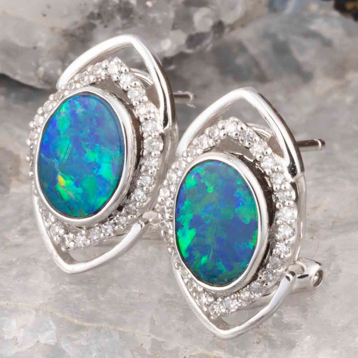 * 1 AN OCEAN BLOOM 14KT WHITE GOLD & DIAMOND  OPAL STUD EARRINGS