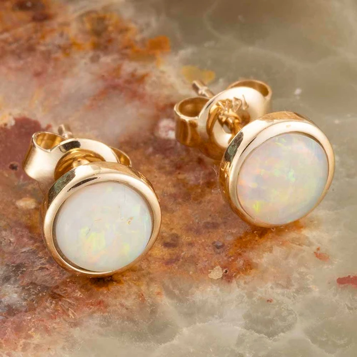 * BRIGHT ROYAL BALL 14KT GOLD NATURAL AUSTRALIAN WHITE OPAL STUD EARRINGS