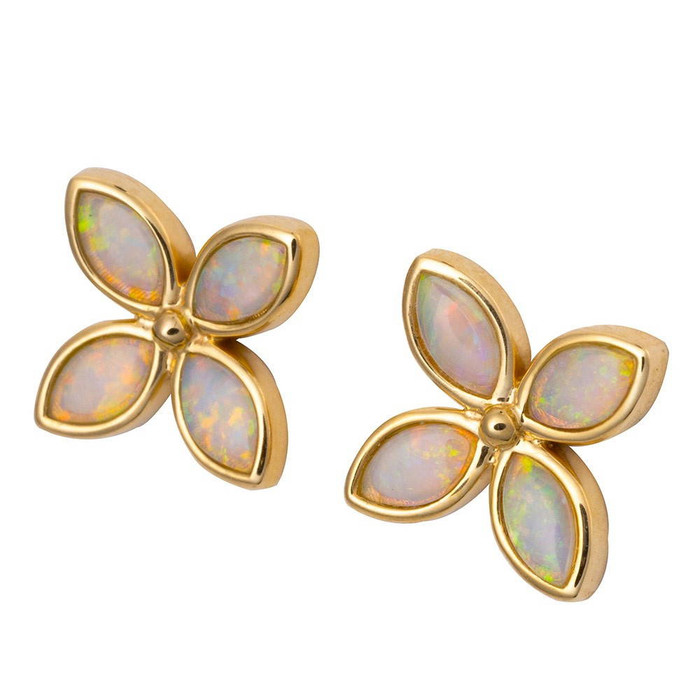 ENCHANTED FLOWER 14KT GOLD  & DIAMOND NATURAL AUSTRALIAN WHITE OPAL STUD EARRINGS