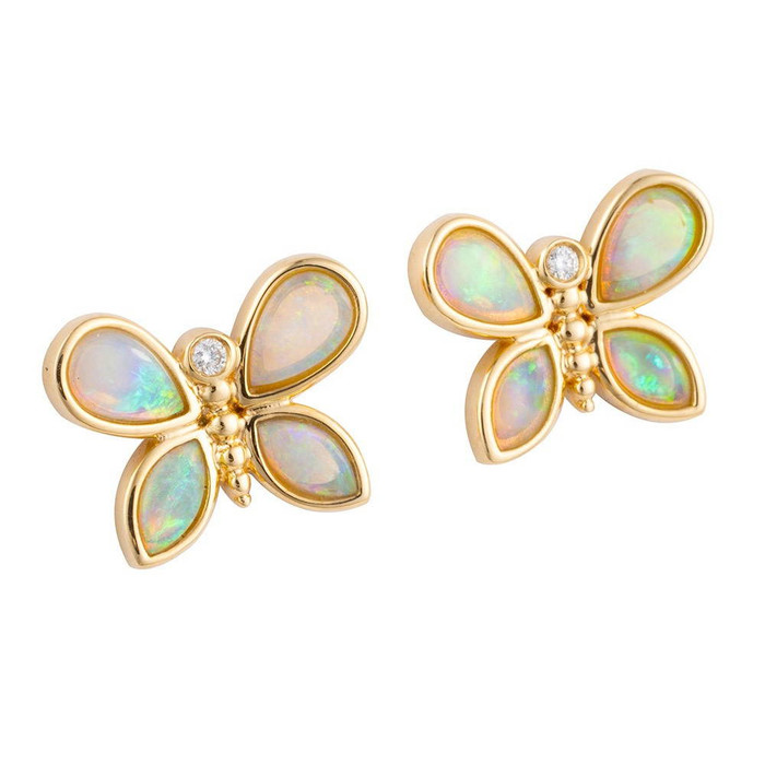 * 1 CONFETTI GARDEN 14KT GOLD  & DIAMOND AUSTRALIAN NATURAL WHITE OPAL STUD EARRINGS