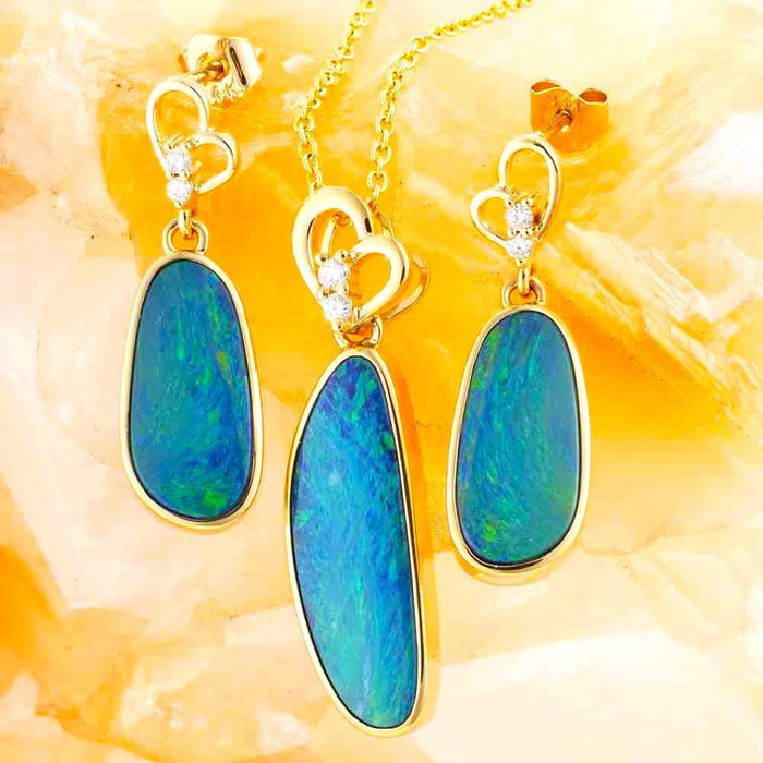 ELECTRIC BRILLIANCE 14KT YELLOW GOLD & DIAMOND AUSTRALIAN  OPAL JEWELLERY SET
