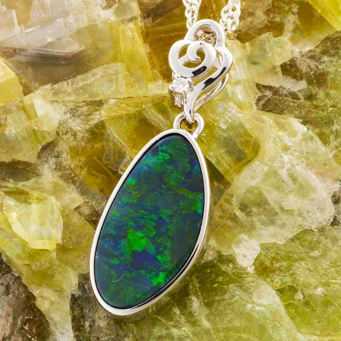 FLOWING RIVER 14KT WHITE GOLD & DIAMOND AUSTRALIAN OPAL NECKLACE