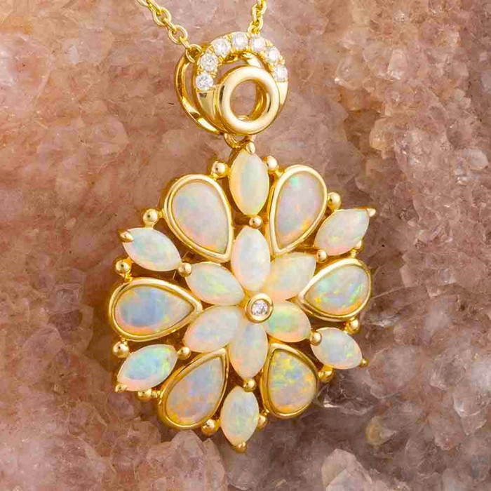 * HEAVENLY LOVE 14KT YELLOW GOLD & DIAMOND AUSTRALIAN WHITE OPAL NECKLACE