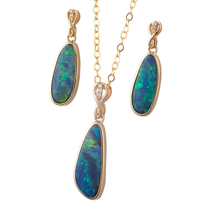 ENCHANTED MOUNTAIN 14KT YELLOW GOLD & DIAMOND AUSTRALIAN  OPAL JEWELLERY SET