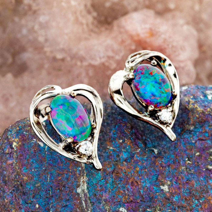 *An Enchanted Horizon Heart Shaped Sterling Silver Opal Stud Earrings