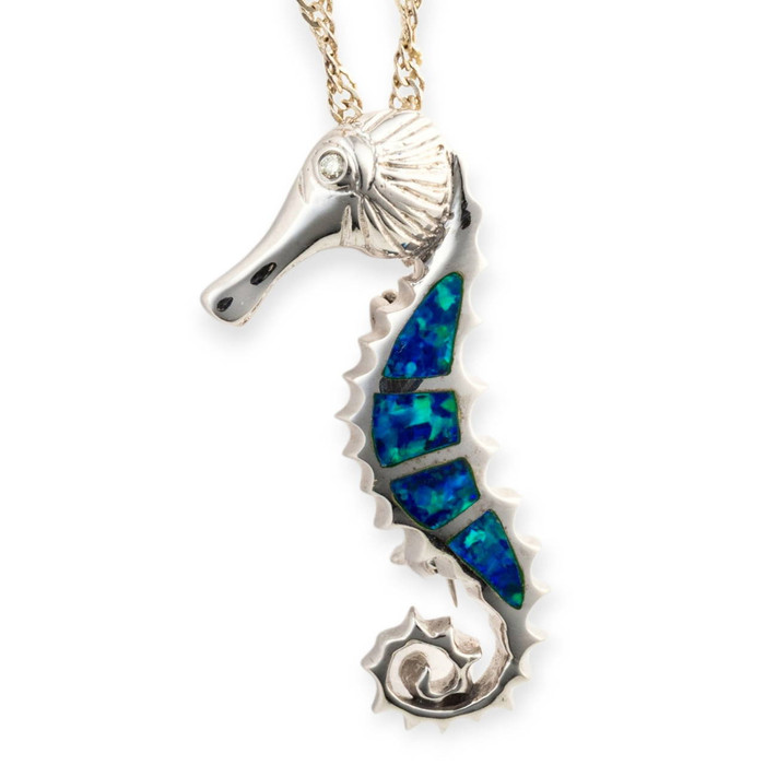 * A Gilded Ocean Jewel 14KT Gold Seahorse Opal Inlay Pendant