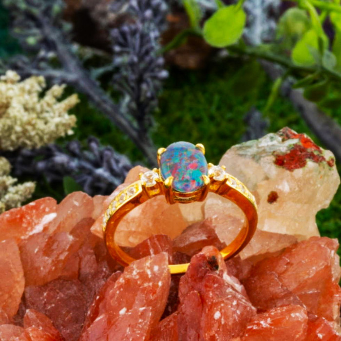 *1 RAINBOW PINFIRE MULTICOLOR OPAL 18KT GOLD PLATED RING