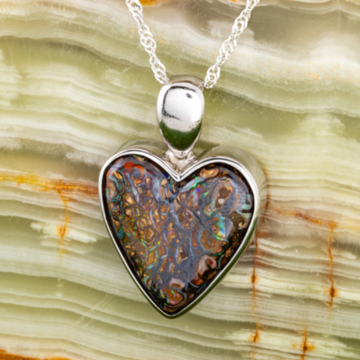 LUMINOUS QUEENSLAND HEART SILVER SOLID BOULDER OPAL PENDANT