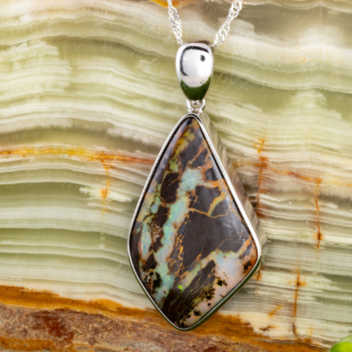 AURORA FREEDOM FLAME LARGE SILVER SOLID BOULDER OPAL PENDANT