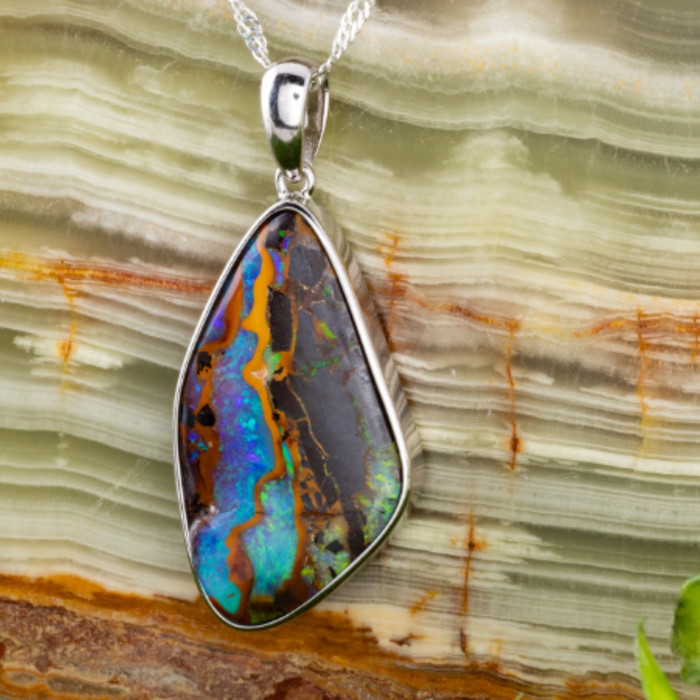 CELESTIAL RAINBOW DANCE LARGE FREEFORM STERLING SILVER OPAL PENDANT