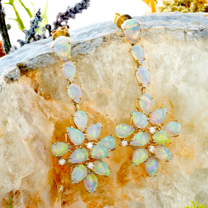 * 1 LUMINARY CASCADE14KT GOLD & DIAMOND WHITE OPAL DROP EARRINGS