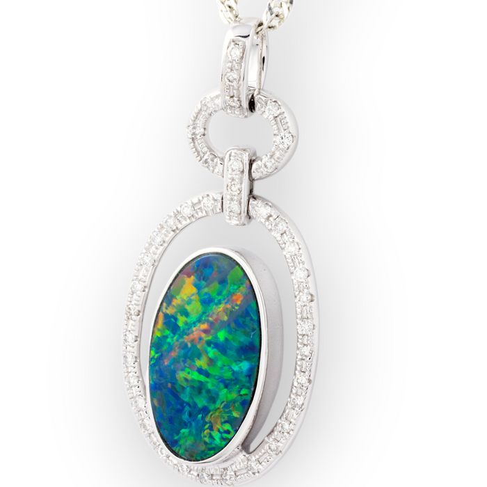 *CELESTIAL RADIANCE 18KT WHITE GOLD & DIAMOND HALO GEM QUALITY OPAL PENDANT