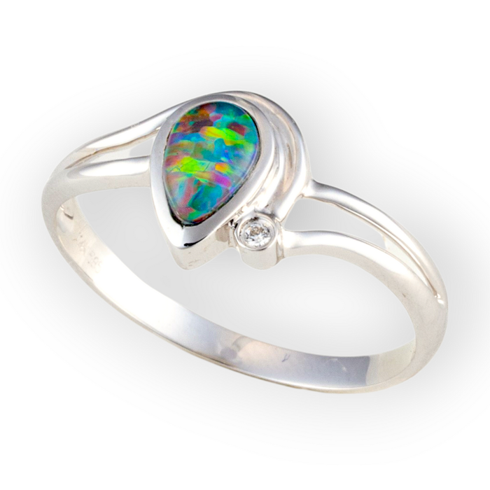* TEARDROP RAINBOW 14KT GOLD & DIAMOND OPAL RING