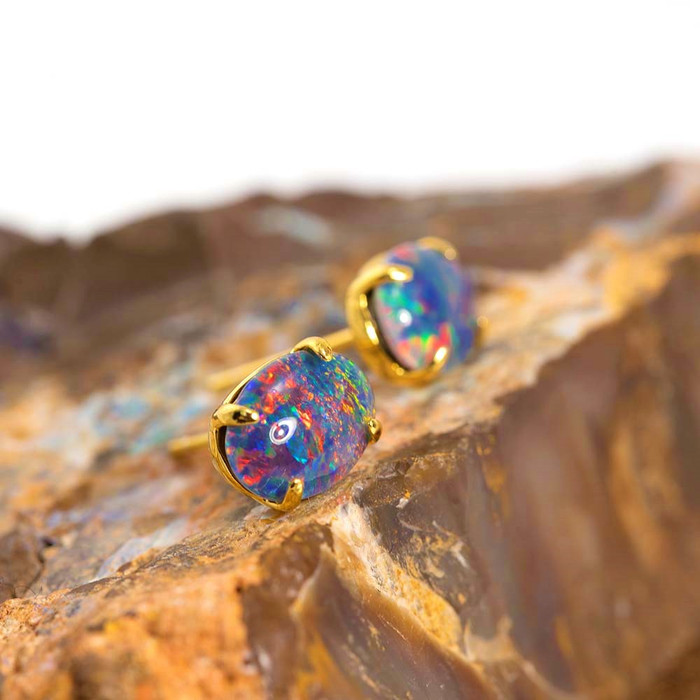 1 BRIGHTEST STAR 18KT GOLD PLATED AUSTRALIAN BLACK OPAL STUD EARRINGS 1 BRIGHTEST STAR 18KT GOLD PLATED AUSTRALIAN BLACK OPAL STUD EARRINGS