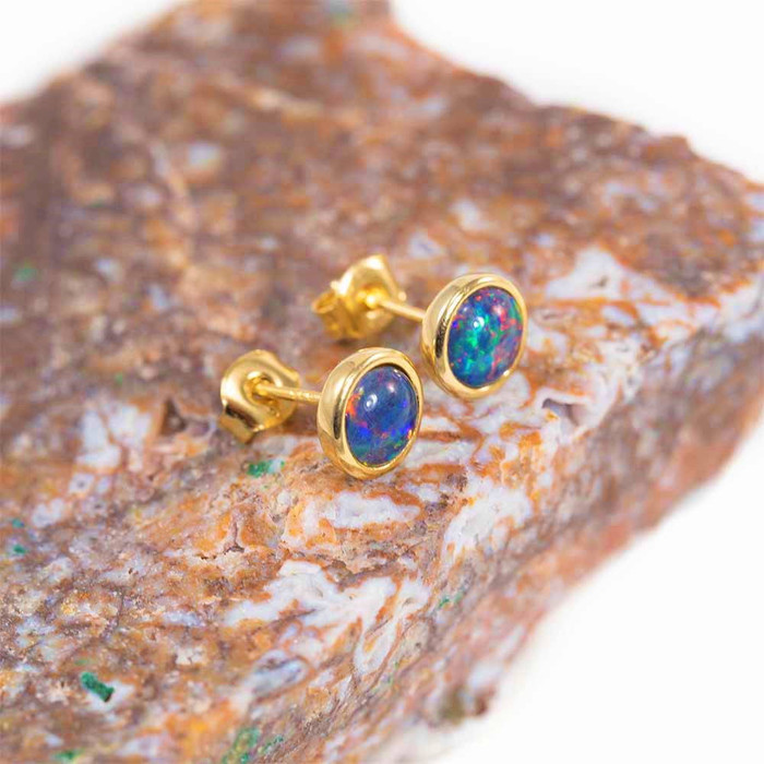 LOVING DESTINY 18KT GOLD PLATED AUSTRALIAN BLACK OPAL STUD EARRINGS