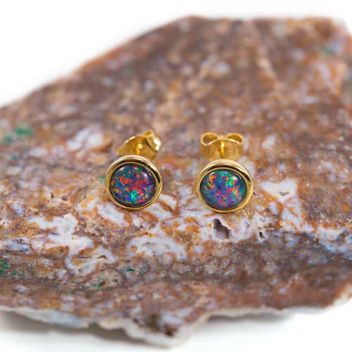 CAPTIVATING FLASH 18KT GOLD PLATED  AUSTRALIAN BLACK OPAL STUD EARRINGS CAPTIVATING FLASH 18KT GOLD PLATED  AUSTRALIAN BLACK OPAL STUD EARRINGS