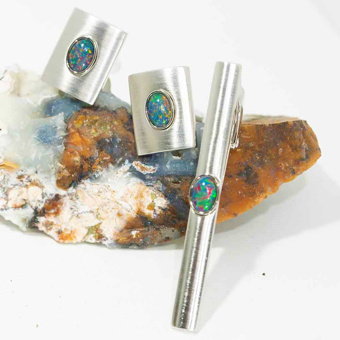  *  DYNASTY FLASH MEN'S OPAL JEWELLERY SET - OPAL CUFFLINGS & OPAL TIE BAR