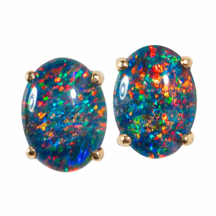 * A PRECIOUS BLAST 14KT YELLOW GOLD AUSTRALIAN OPAL STUD EARRINGS