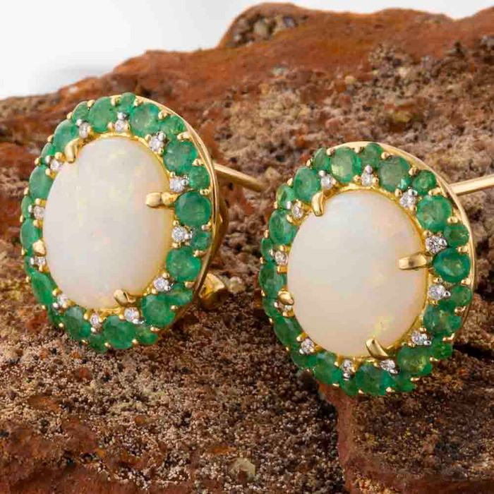 * DEEP ROOTS 14KT GOLD DIAMOND & EMERALD AUSTRALIAN OPAL EARRINGS