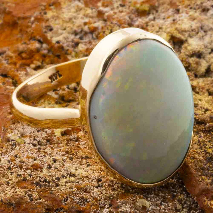 ELECTRIC PINFIRE 14KT YELLOW GOLD AUSTRALIAN OPAL RING