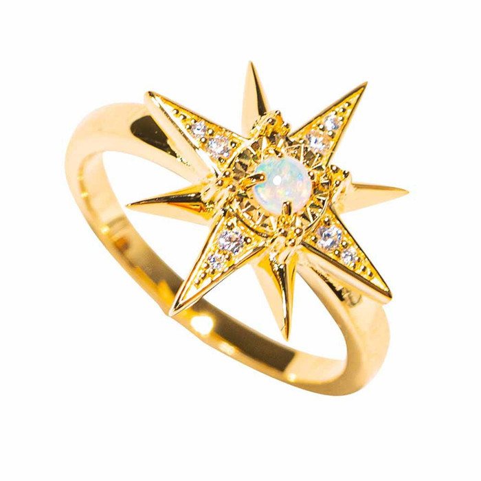 CELESTIAL CURVE 14KT YELLOW GOLD PLATED AUSTRALIAN WHITE OPAL RING