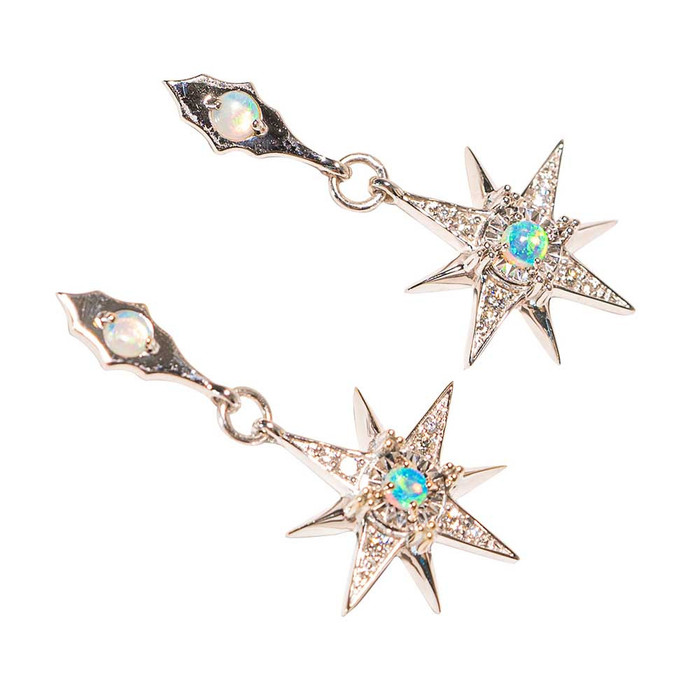 *1 STARRY EYES 14KT WHITE GOLD & DIAMOND AUSTRALIAN WHITE OPAL DROP EARRINGS