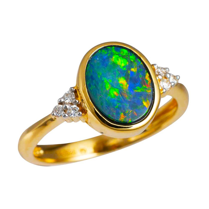 RASPBERRY BERET 14KT YELLOW GOLD & DIAMOND AUSTRALIAN OPAL RING
