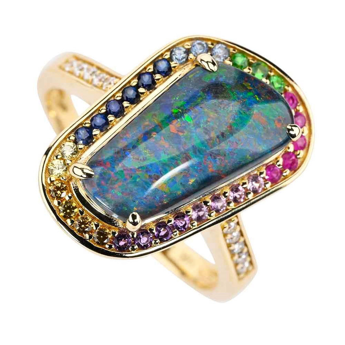 * JELLYBEAN 14KT YELLOW GOLD & DIAMOND AUSTRALIAN OPAL RING