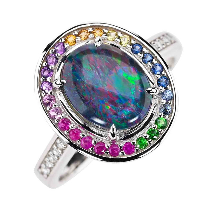 SUGAR PLUM 14KT WHITE GOLD & DIAMOND AUSTRALIAN OPAL RING