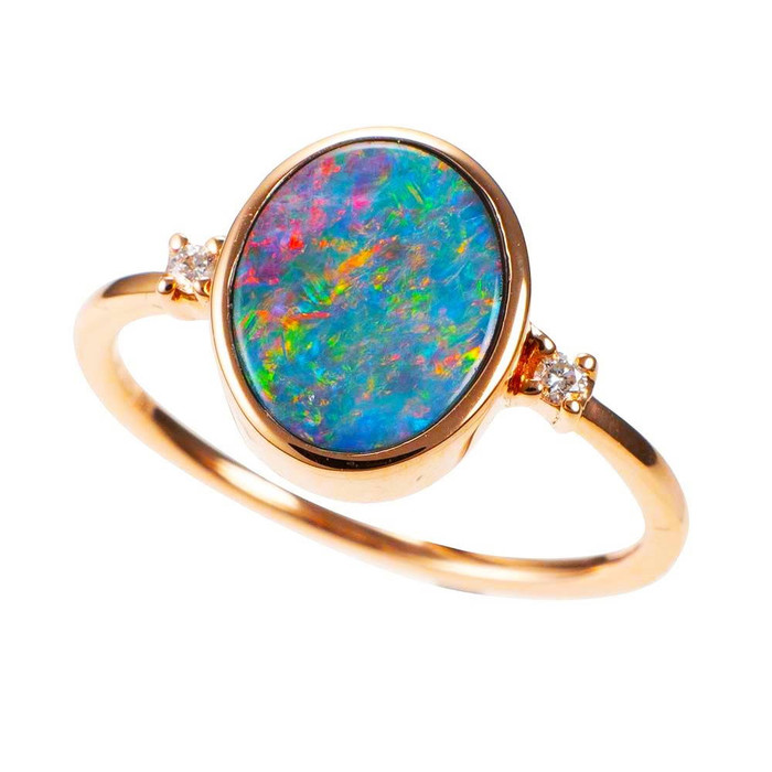 * A SPARKLING OASIS 14KT ROSE GOLD & DIAMOND AUSTRALIAN OPAL RING
