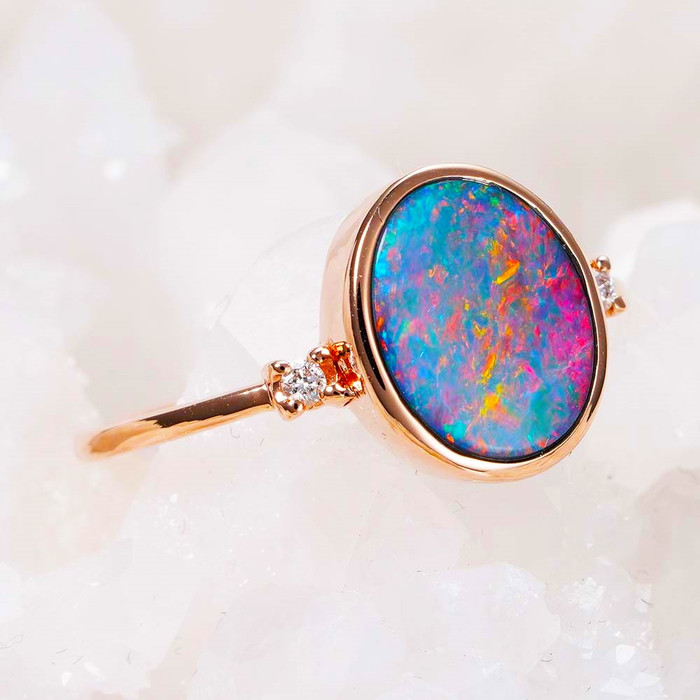 GLITZ GALA 14KT ROSE GOLD & DIAMOND AUSTRALIAN OPAL RING