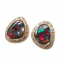 *SPRINKLE SUNRISE 14KT GOLD & DIAMOND SOLID AUSTRALIAN BOULDER OPAL EARRINGS