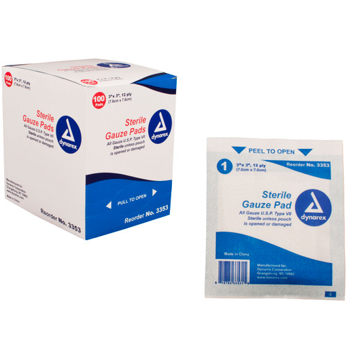 Gauze Pad Sterile 1's, 3"x 3" 12 Ply, 24/100 (2400/Cs), dynarex gauze, gauze pad and ems supplies online Canada
