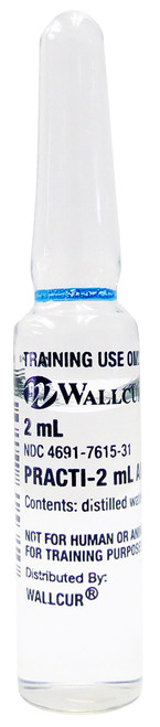 Snap, aspirate, calculate, and measure small critical dosages using Wallcur 2 mL distilled water glass ampules. Students learn all the important skills of ampule handling by using the "real thing" to practice with. Each glass ampule meets US standards and is chemically scored at the neck for ease in breakage without injury!