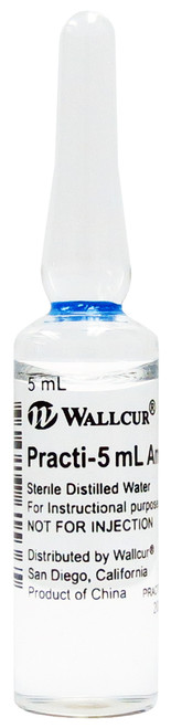 Snap, aspirate, calculate, and measure critical dosages using Wallcur 5 mL distilled water glass ampules. Students learn all the important skills of larger ampule handling by using the "real thing" to practice with. Each glass ampule meets US standards and is chemically scored at the neck for ease in breakage without injury!