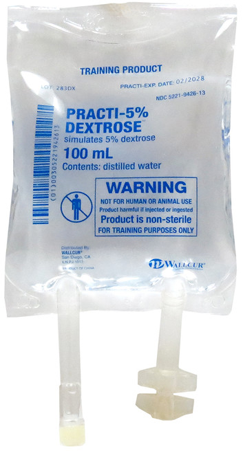 Practi-5% Dextrose 100 mL I.V. Solution Bag, for clinical training, simulates 5% Dextrose 100 mL.  Contents: Distilled Water